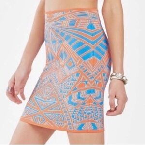 BCBGMaxAzria Orange and Blue Geometric Pencil Skirt